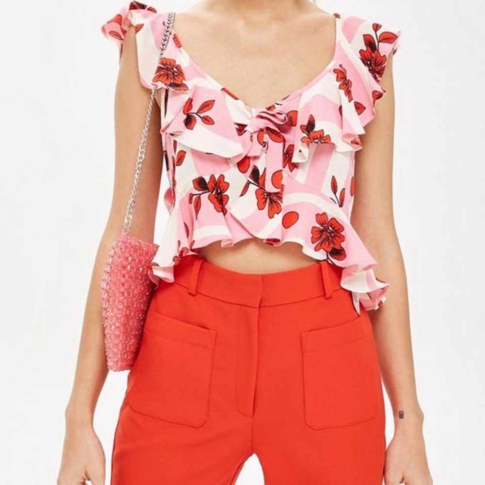 NWT Topshop Crop Top Blouse Pink, Red, and White Size 2 NWT